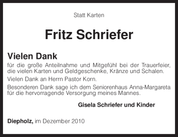 Todesanzeige von Fritz Schriefer von KREISZEITUNG SYKE