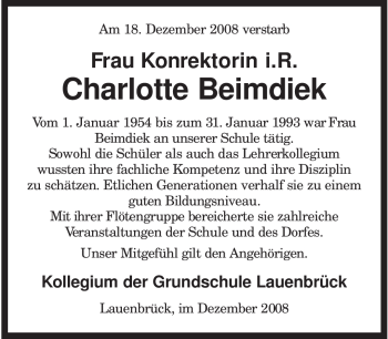 Todesanzeige von Charlotte Beimdiek von KREISZEITUNG SYKE