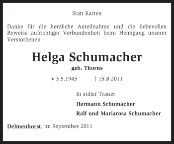 Todesanzeige von Helga Schumacher von KREISZEITUNG SYKE