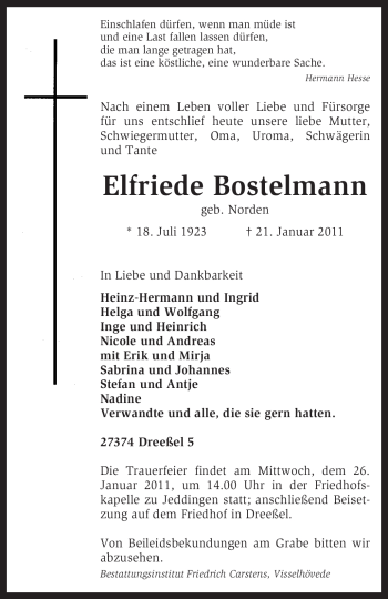 Todesanzeige von Elfriede Bostelmann von KREISZEITUNG SYKE