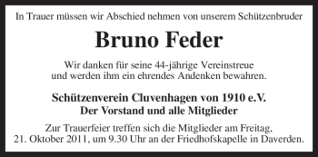 Todesanzeige von Bruno Feder von KREISZEITUNG SYKE