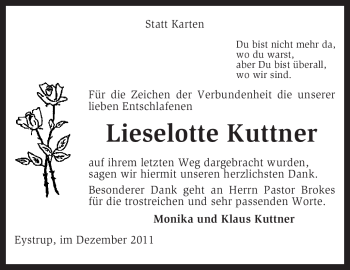 Todesanzeige von Lieselotte Kuttner von KREISZEITUNG SYKE