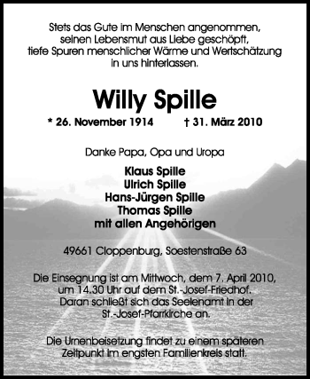 Todesanzeige von Willy Spille von KREISZEITUNG SYKE
