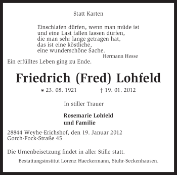 Todesanzeige von Friedrich Lohfeld von KREISZEITUNG SYKE