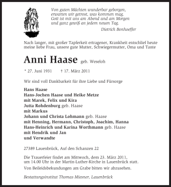 Todesanzeige von Anni Haase von KREISZEITUNG SYKE
