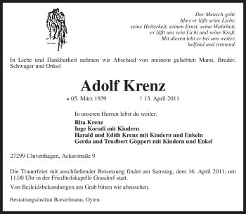 Todesanzeige von Adolf Krenz von KREISZEITUNG SYKE