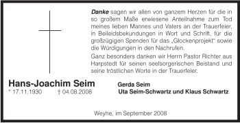Todesanzeige von Hans-Joachim Seim von KREISZEITUNG SYKE