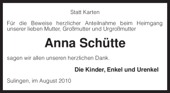 Todesanzeige von Anna Schütte von KREISZEITUNG SYKE