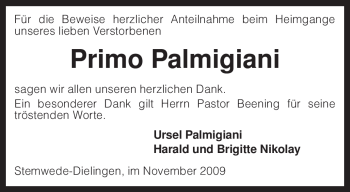 Todesanzeige von Primo Palmigiani von KREISZEITUNG SYKE