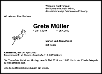 Todesanzeige von Grete Müller von KREISZEITUNG SYKE