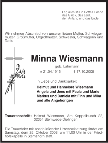 Todesanzeige von Minna Wiesmann von KREISZEITUNG SYKE
