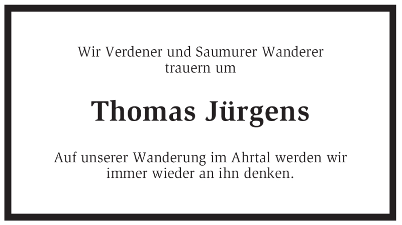  Traueranzeige für Thomas Jürgens vom 08.06.2012 aus KREISZEITUNG SYKE