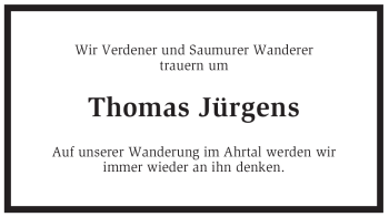 Todesanzeige von Thomas Jürgens von KREISZEITUNG SYKE