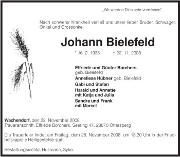 Todesanzeige von Johann Bielefeld von KREISZEITUNG SYKE