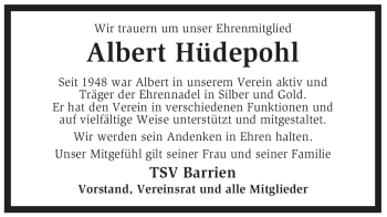 Todesanzeige von Albert Hüdepohl von KREISZEITUNG SYKE
