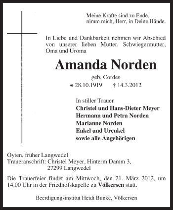 Todesanzeige von Amanda Norden von KREISZEITUNG SYKE