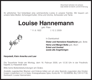 Todesanzeige von Louise Hannemann von KREISZEITUNG SYKE