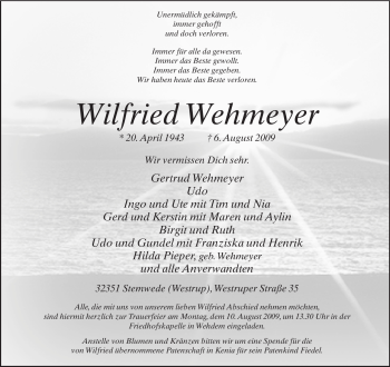 Todesanzeige von Wilfried Wehmeyer 