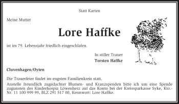 Todesanzeige von Lore Haffke von KREISZEITUNG SYKE