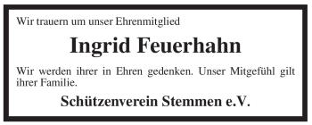Todesanzeige von Ingrid Feuerhahn von KREISZEITUNG SYKE
