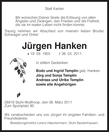 Todesanzeige von Jürgen Hanken von KREISZEITUNG SYKE