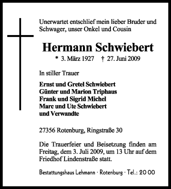 Todesanzeige von Hermann Schwiebert von KREISZEITUNG SYKE