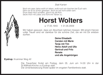 Todesanzeige von Horst Wolters von KREISZEITUNG SYKE
