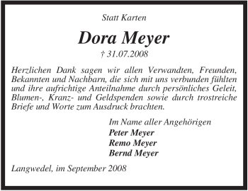 Todesanzeige von Dora Meyer von KREISZEITUNG SYKE