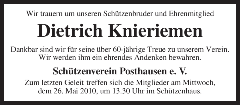  Traueranzeige für Dietrich Knieriemen vom 22.05.2010 aus KREISZEITUNG SYKE