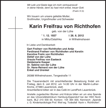 Todesanzeige von Karin von Richthofen von KREISZEITUNG SYKE