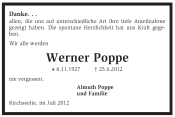 Todesanzeige von Werner Poppe von KREISZEITUNG SYKE