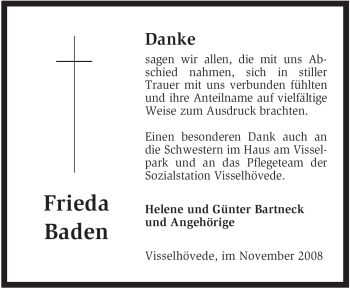 Todesanzeige von Frieda Baden von KREISZEITUNG SYKE