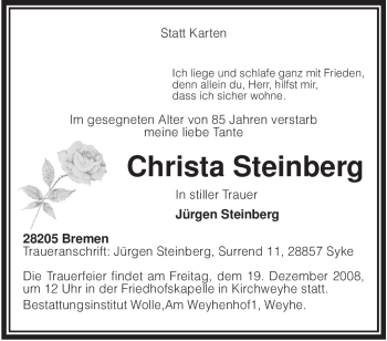 Todesanzeige von Christa Steinberg von KREISZEITUNG SYKE