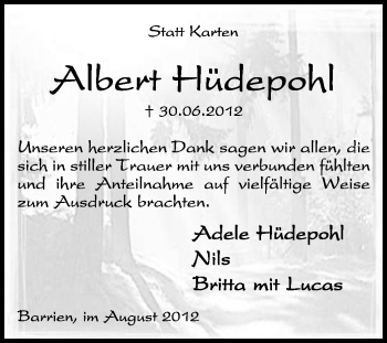Todesanzeige von Albert Hüdepohl von KREISZEITUNG SYKE