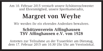 Todesanzeige von Margret von Weyhe von KRZ