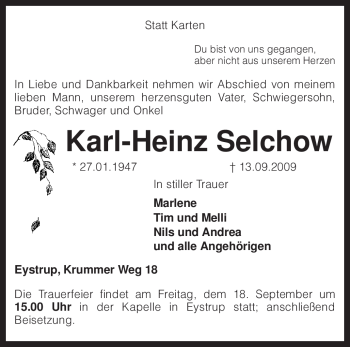 Todesanzeige von Karl-Heinz Selchow von KREISZEITUNG SYKE