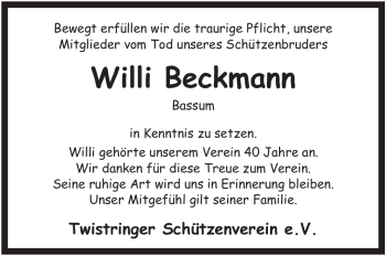 Todesanzeige von Willi Beckmann von KREISZEITUNG SYKE