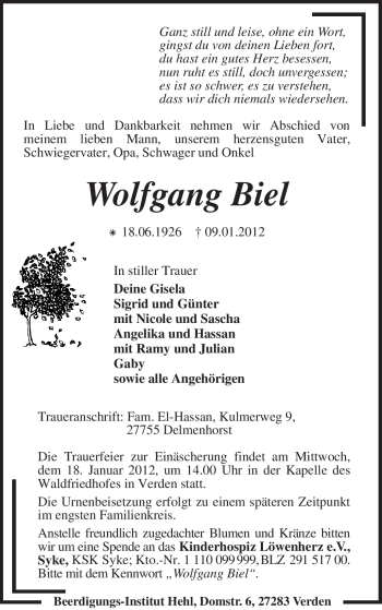 Todesanzeige von Wolfgang Biel von KREISZEITUNG SYKE