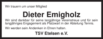 Todesanzeige von Dieter Emigholz von KREISZEITUNG SYKE