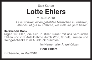Todesanzeige von Lotte Ehlers von KREISZEITUNG SYKE