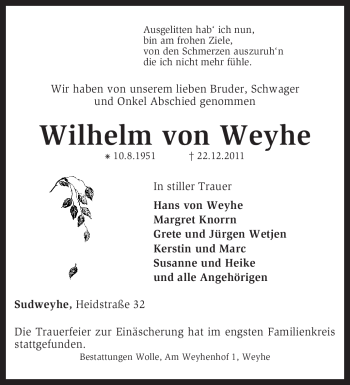 Todesanzeige von Wilhelm von Weyhe von KREISZEITUNG SYKE