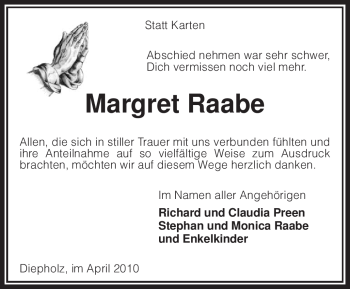 Todesanzeige von Margret Raabe von KREISZEITUNG SYKE