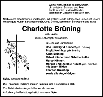 Todesanzeige von Charlotte Brüning von KREISZEITUNG SYKE