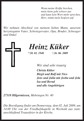 Todesanzeige von Heinz Küker von KREISZEITUNG SYKE