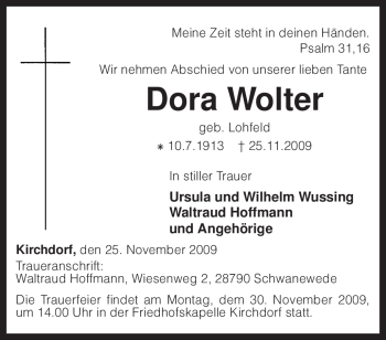 Todesanzeige von Dora Wolter von KREISZEITUNG SYKE
