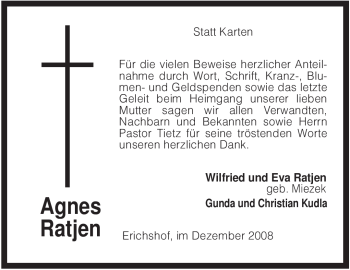 Todesanzeige von Agnes Ratjen von KREISZEITUNG SYKE