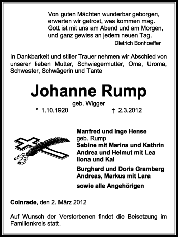 Todesanzeige von Johanne Rump von KREISZEITUNG SYKE