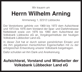 Todesanzeige von Wilhelm Arning von KREISZEITUNG SYKE