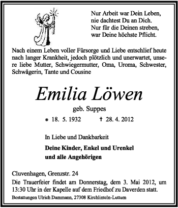 Todesanzeige von Emilia Löwen von KREISZEITUNG SYKE