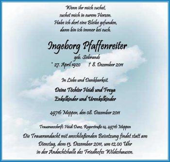 Todesanzeige von Ingeborg Pfaffenreiter von KREISZEITUNG SYKE
